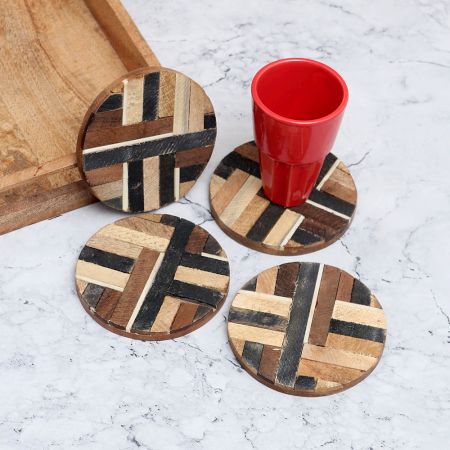 Antique Brown Wooden Coasters for Decoration - Pack of 4